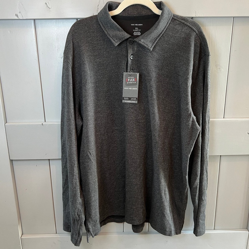 Van Heusen Long Sleeve Heathered Black Collared Pullover Size XL NEW